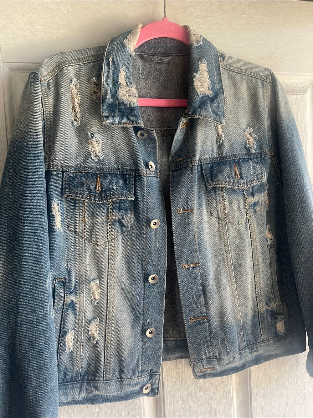 Distressed Light Blue Denim Jacket - Women's Casual Jean Coat